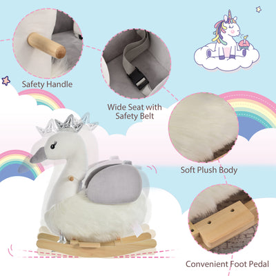 HOMCOM Kids Children Rocking Horse Plush Ride On Swan w/ Sound Wood Base Seat Safety Belt Toddler Baby Toy Rocker 18 - 36 Months 