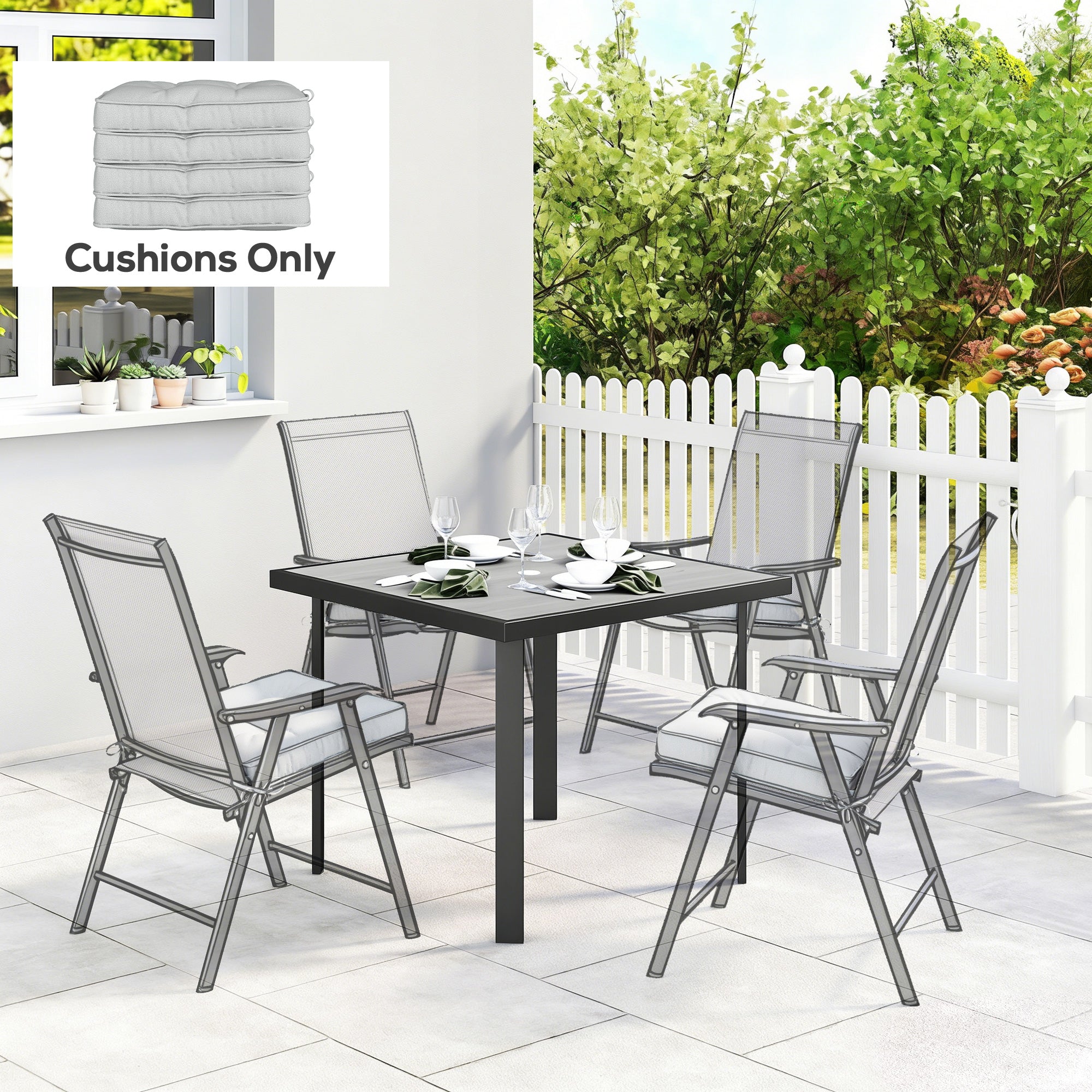 Outsunny Set of 4 Garden Seat Cushion with Ties, 42 x 42cm Replacement Dining Chair Seat Pad, Light Grey 