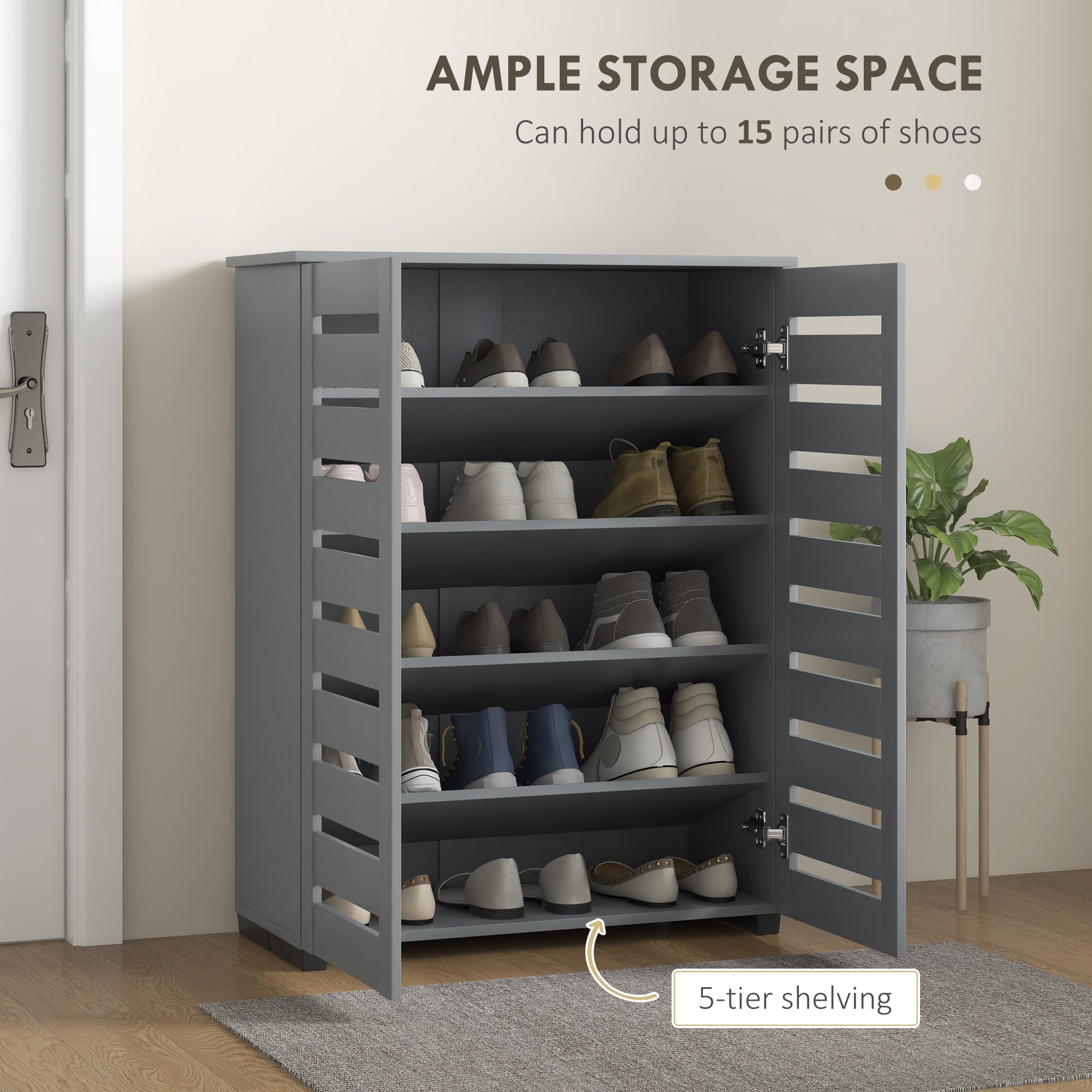 HOMCOM Narrow Shoe Cabinet for Entryway, 5-Tier Slim Shoe Storage Cabinet with 2 Slatted Doors and Adjustable Shelves Grey 