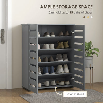 HOMCOM Narrow Shoe Cabinet for Entryway, 5-Tier Slim Shoe Storage Cabinet with 2 Slatted Doors and Adjustable Shelves Grey 