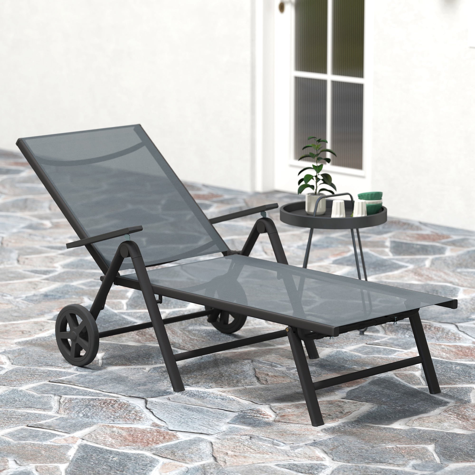 Outsunny Folding Sun Lounger with Wheels, 5-Position Adjustable Garden Chaise Lounge Sunbed with Armrests, Metal Frame Outdoor Portable Reclining Chair for Beach, Porch, Grey 