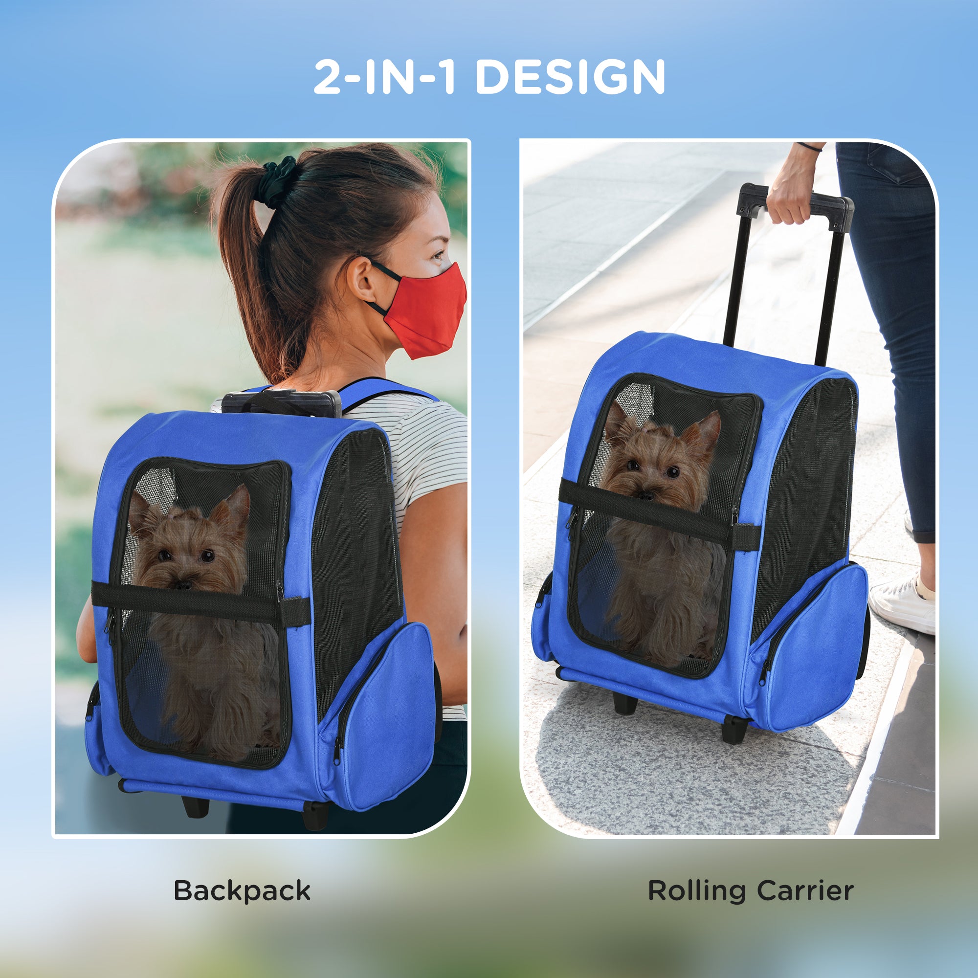 PawHut Pet Travel Backpack Bag Cat Puppy Dog Carrier w/ Trolley and Telescopic Handle Portable Stroller Wheel Luggage Bag (Blue) 