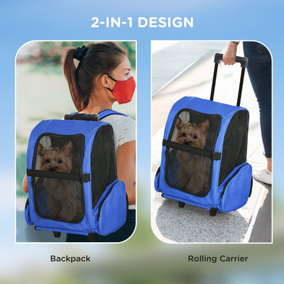 PawHut Pet Travel Backpack Bag Cat Puppy Dog Carrier w/ Trolley and Telescopic Handle Portable Stroller Wheel Luggage Bag (Blue) 