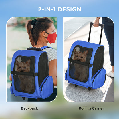 PawHut Pet Travel Backpack Bag Cat Puppy Dog Carrier w/ Trolley and Telescopic Handle Portable Stroller Wheel Luggage Bag (Blue) 