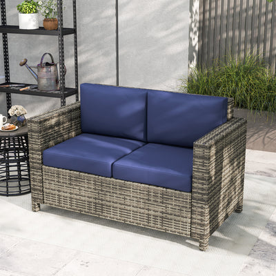 Outsunny 2 Seater Garden Furniture, Rattan Sofa with Soft Padded Cushion and Armrests, Wicker Garden Loveseat for Patio, Navy Blue 