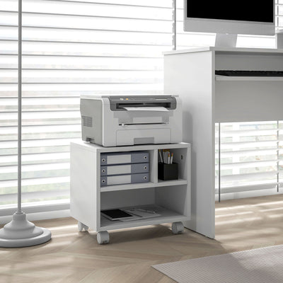HOMCOM Three-Compartment Printer Cabinet, with Wheels - White 