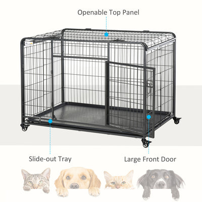 PawHut Metal Dog Cage Kennel Locking Door & Wheels Removable Tray Openable Top For Extra Large Pets 125 x 76 x 81 cm 