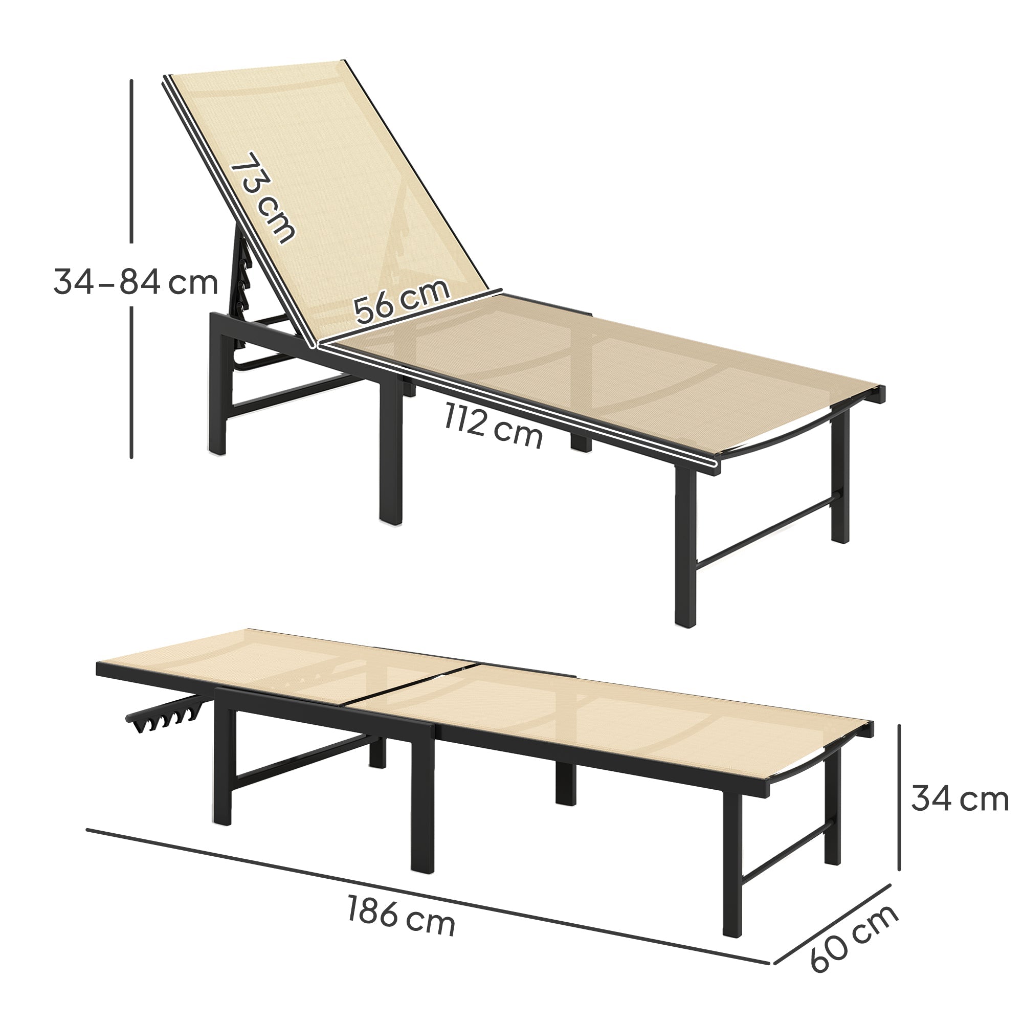 Outsunny Sun Lounger for Garden, 5-Level Adjustable Reclining Sun Lounger Chair, Flat Garden Lounger Sunbed with Texteline Seat, Steel Frame for Patio, Beach, Khaki 
