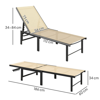 Outsunny Sun Lounger for Garden, 5-Level Adjustable Reclining Sun Lounger Chair, Flat Garden Lounger Sunbed with Texteline Seat, Steel Frame for Patio, Beach, Khaki 