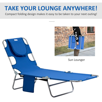 Outsunny 2 Pieces Foldable Sun Lounger with Reading Hole, Portable Sun Lounger with 5 Level Adjustable Backrest, Reclining Lounge Chair with Side Pocket, Headrest Pillow, Blue 