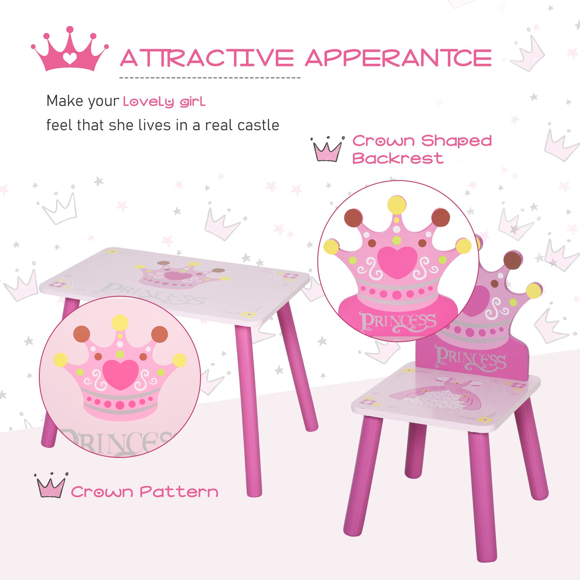 HOMCOM 3 Pcs Kids and Table Chair Set Princess & Crown Theme Home Furniture Pretty Gift 2-4 Years Pink 