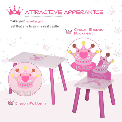 HOMCOM 3 Pcs Kids and Table Chair Set Princess & Crown Theme Home Furniture Pretty Gift 2-4 Years Pink 