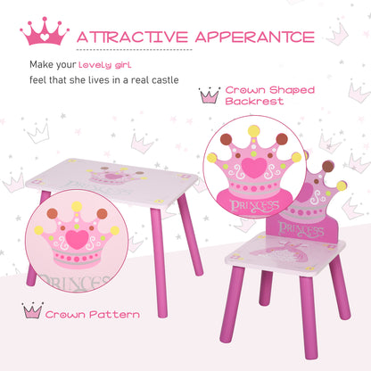HOMCOM 3 Pcs Kids and Table Chair Set Princess & Crown Theme Home Furniture Pretty Gift 2-4 Years Pink 