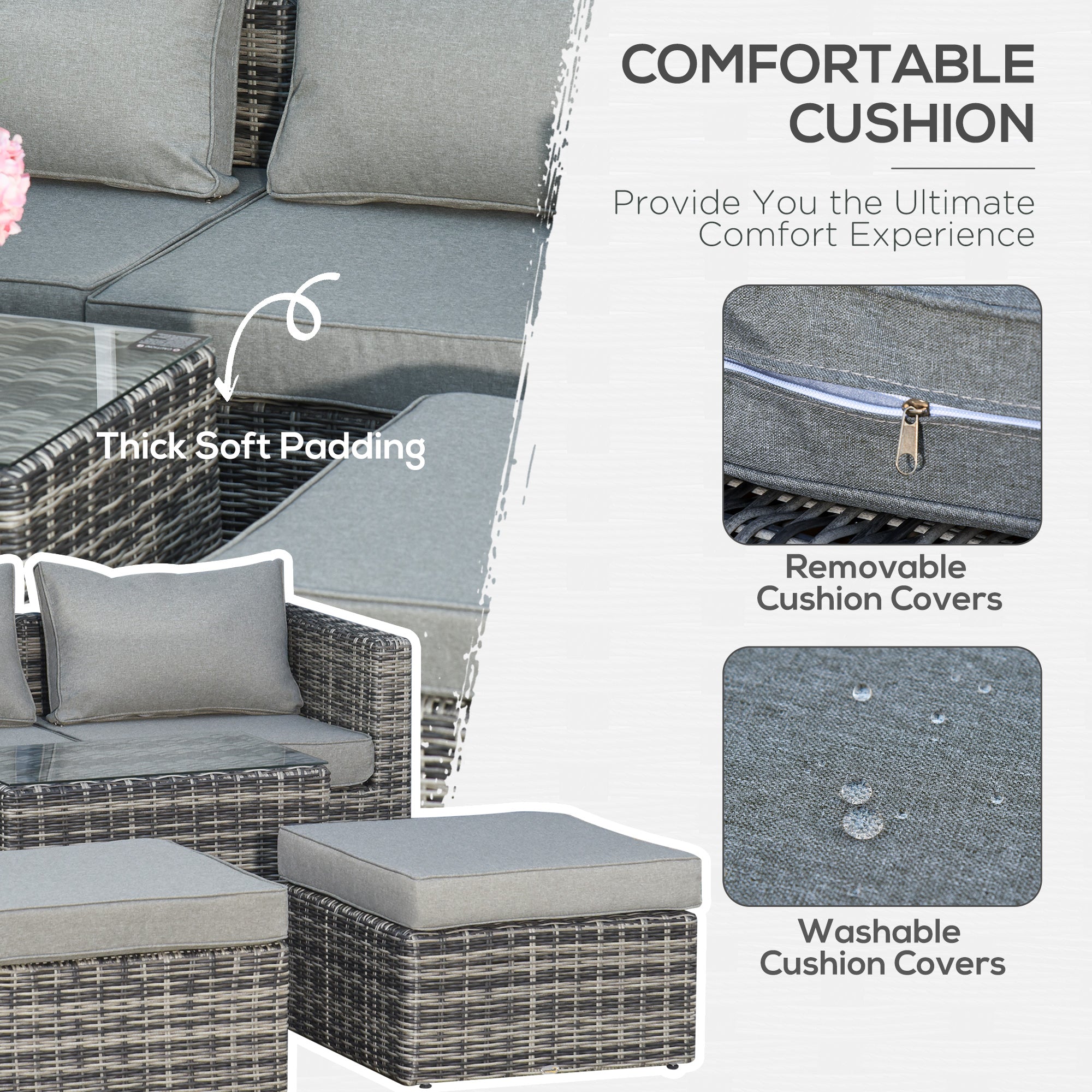 Outsunny Five Piece Rattan Armchair, Stool and Table Set - Mixed Grey 