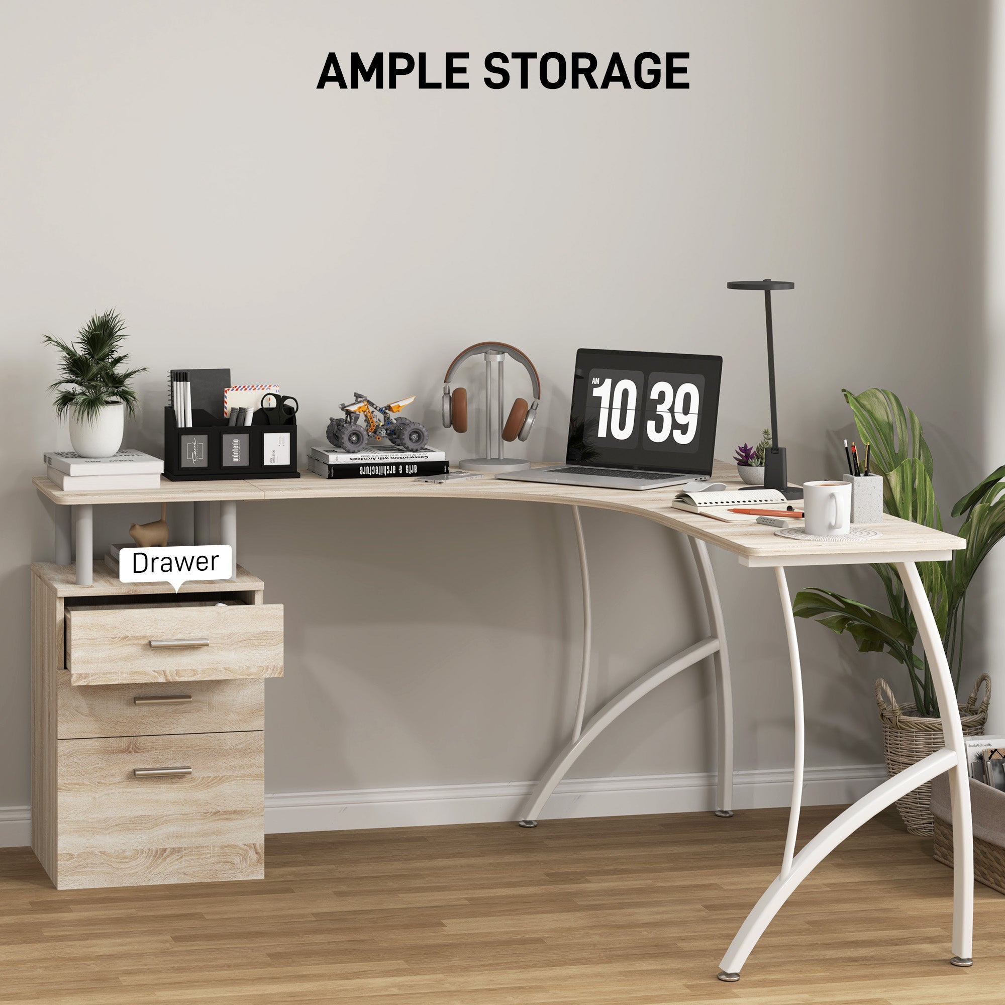 HOMCOM L-Shaped Computer Desk Table with Storage Drawer, Home Office Desk Corner Industrial Style Workstation for A4 Files 143.5 x 143.5 x 76cm, Oak 