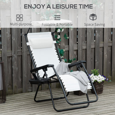 Outsunny 2 Piece Foldable Reclining Garden Chair with Headrest, Zero Gravity Deck Sun Lounger Seat Chair with Footrest, Armrest, Cup Holder & Canopy Shade, White 
