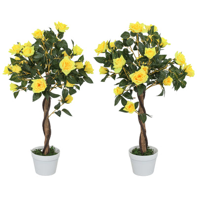 Outsunny Set of 2 Artificial Plants White Rose Floral in Pot, Fake Plants for Home Indoor Outdoor Decor, 90cm, Yellow 
