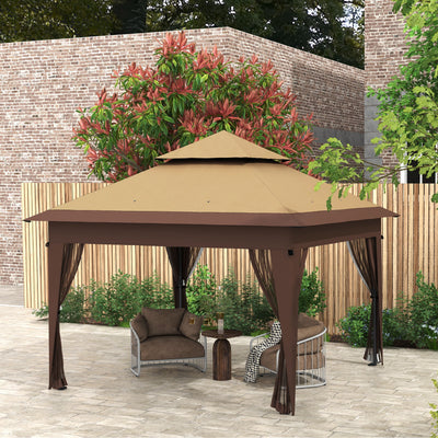 Outsunny 3 x 3(m) Pop Up Gazebo with Mosquito Netting, 1 Person Easy up Marquee Party Tent with 1-Button Push, Double Roof, Carry Bag, Sandbags, Height Adjustable Instant Shelter, Khaki 
