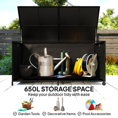 Outsunny 650L Garden Storage Box with 2 Wheels, Rattan Deck Box with Waterproof Zipped Liner, Safe Pneumatic Rods, Black 