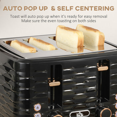 HOMCOM Kettle and Toaster Sets, 3000W 1.7L Rapid Boil Kettle & 4 Slice Toaster with 7 Browning Controls, Defrost, Reheat and Crumb Tray, Otter thermostat, Black 