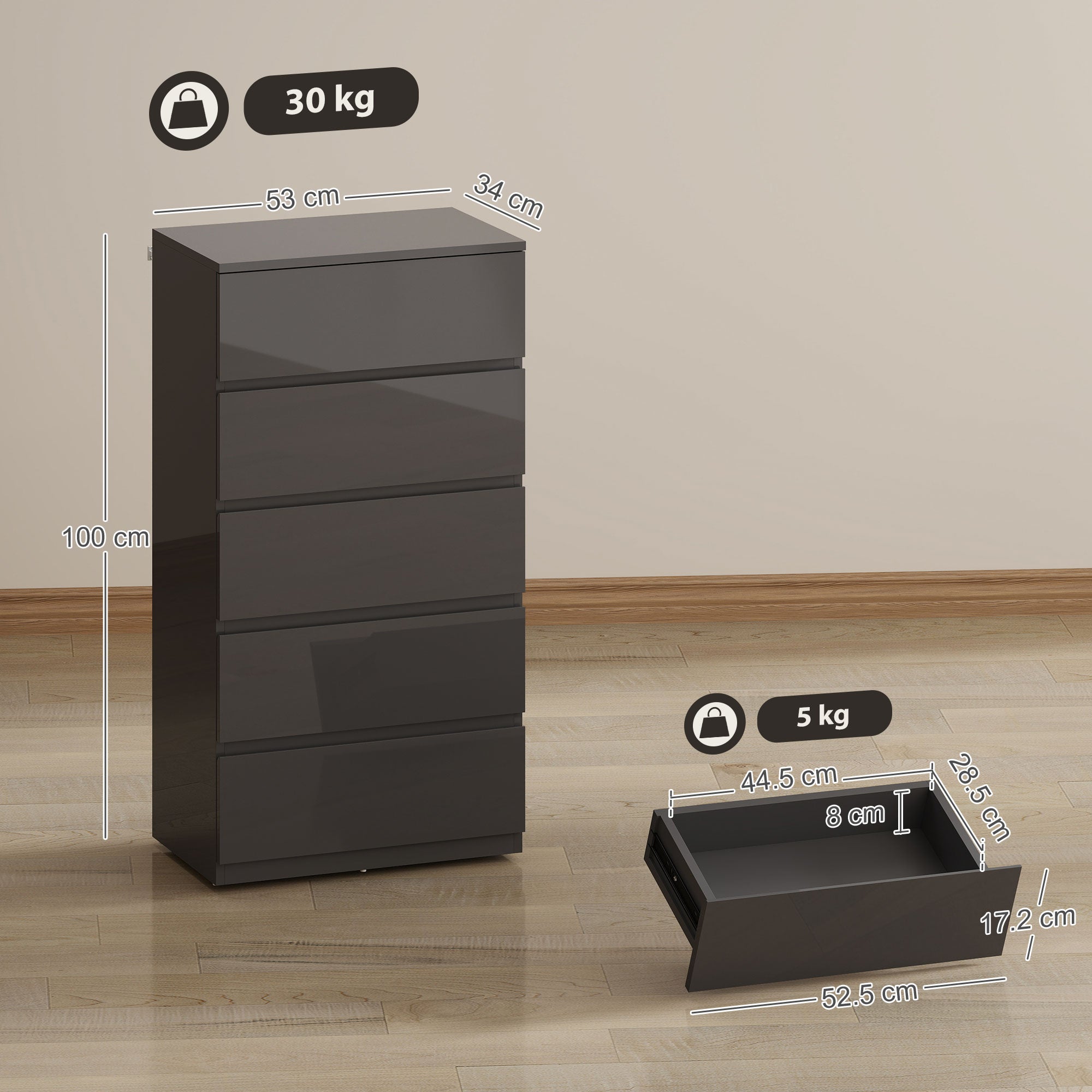HOMCOM Chest of Drawers, 5-Drawer Storage Cabinets, Modern Dresser, Storage Drawer Unit for Bedroom 