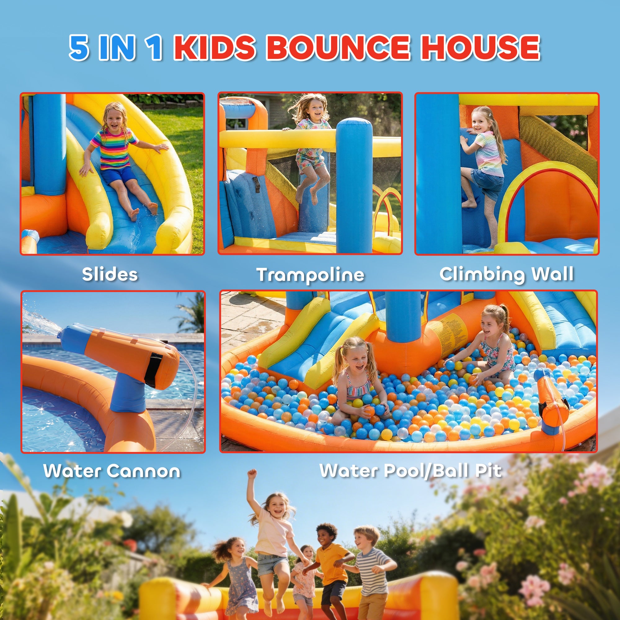 AIYAPLAY 5 in 1 Bouncy Castle for Children, Inflatable Bounce House with Dual Slides, Pool, Climbing Wall, Water Cannons, Blower 