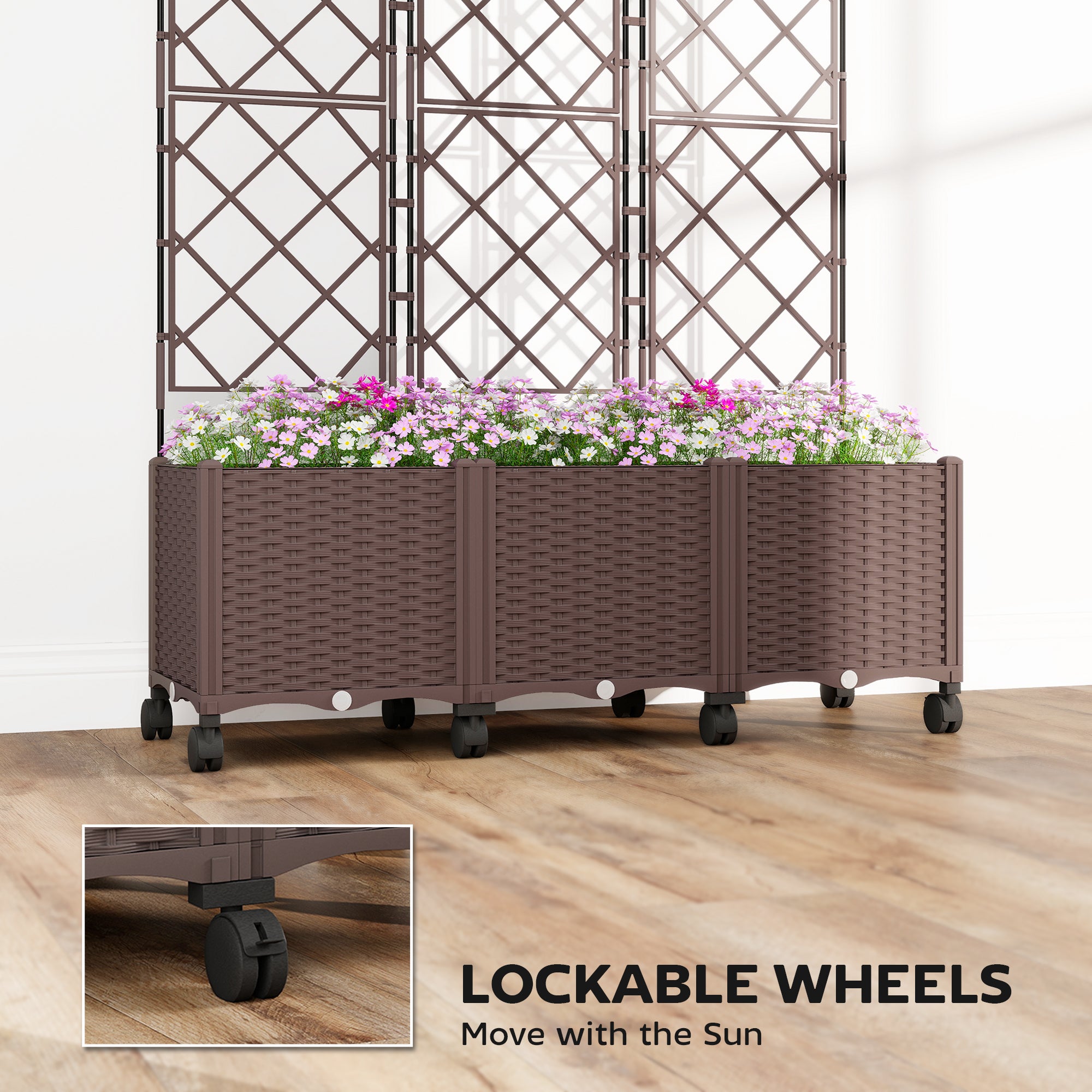 Outsunny Plastic Raised Planter with Trellis, Self Watering Raised Bed for Garden with Wheels, Drainage Holes and Plugs 