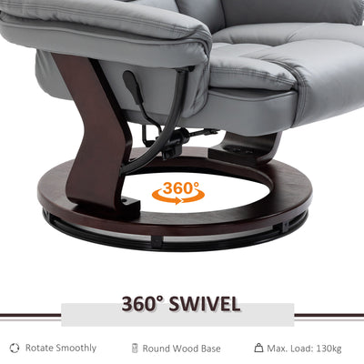 HOMCOM Manual Recliner and Footrest Set PU Leather Leisure Lounge Chair Armchair with Swivel Wood Base, Grey 