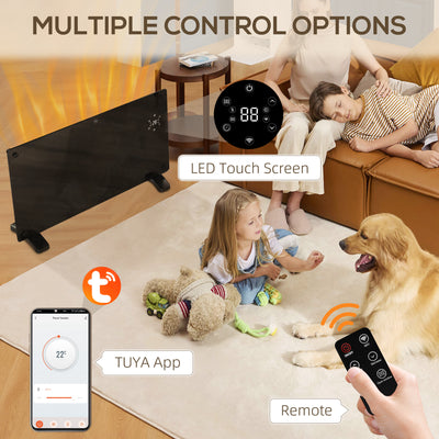 HOMCOM Electric Heater Wifi Smart App, 1500W Glass Panel Heater Radiator, Freestanding or Wall Mounted Convector Space Heater with LED Display, 24Hr 7 Day Timer, Adjustable Thermostat, Remote Control 