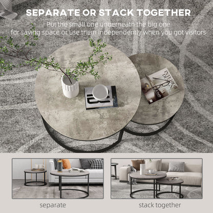 HOMCOM Set of Two Marble-Effect Stacking Tables - Grey/Black 