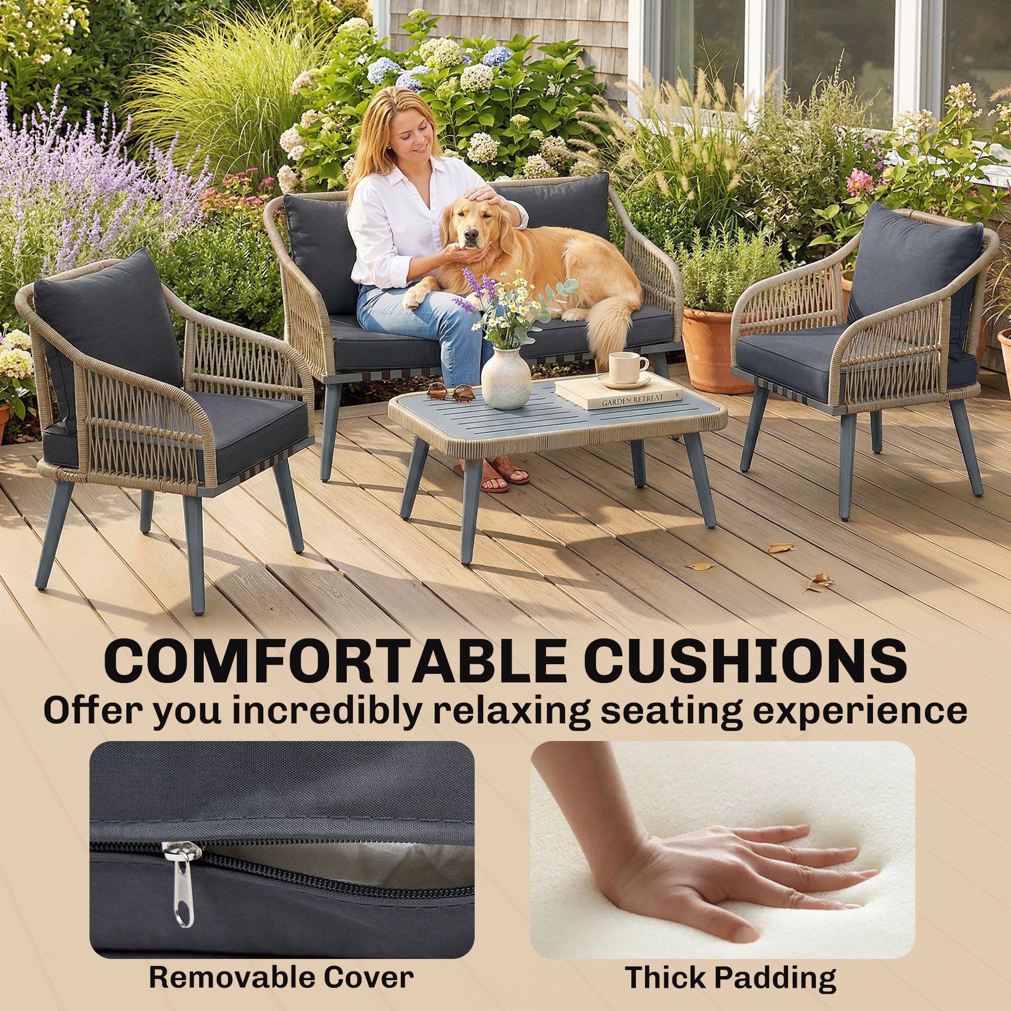 Outsunny 4 Piece Rattan Garden Furniture Set with Loveseat, Armchairs, Wood Table, Wicker Patio Conversation Set, Grey 
