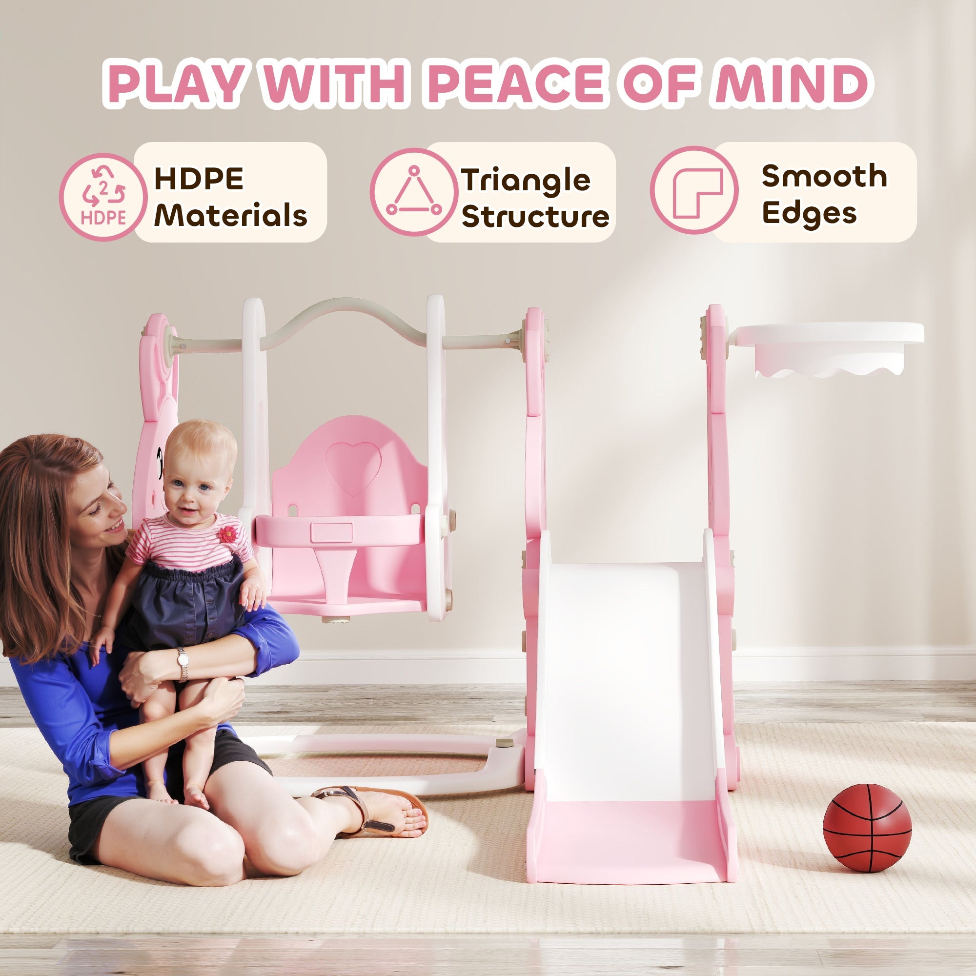 AIYAPLAY 4 in 1 Kids Slide and Swing Set with Climber, Basketball Hoop, Rabbit-Themed, Pink 