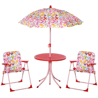 Outsunny Kids Outdoor Bistro Table and Chair Set Butterfly Pattern Garden Patio Backyard with Removable & Height Adjustable Parasol 