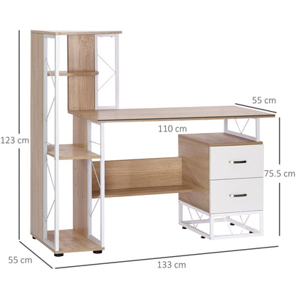 HOMCOM Computer Desk with Drawers and Bookshelf, Writing Desk for Home Office with Storage Shelves, Study Workstation, Oak 