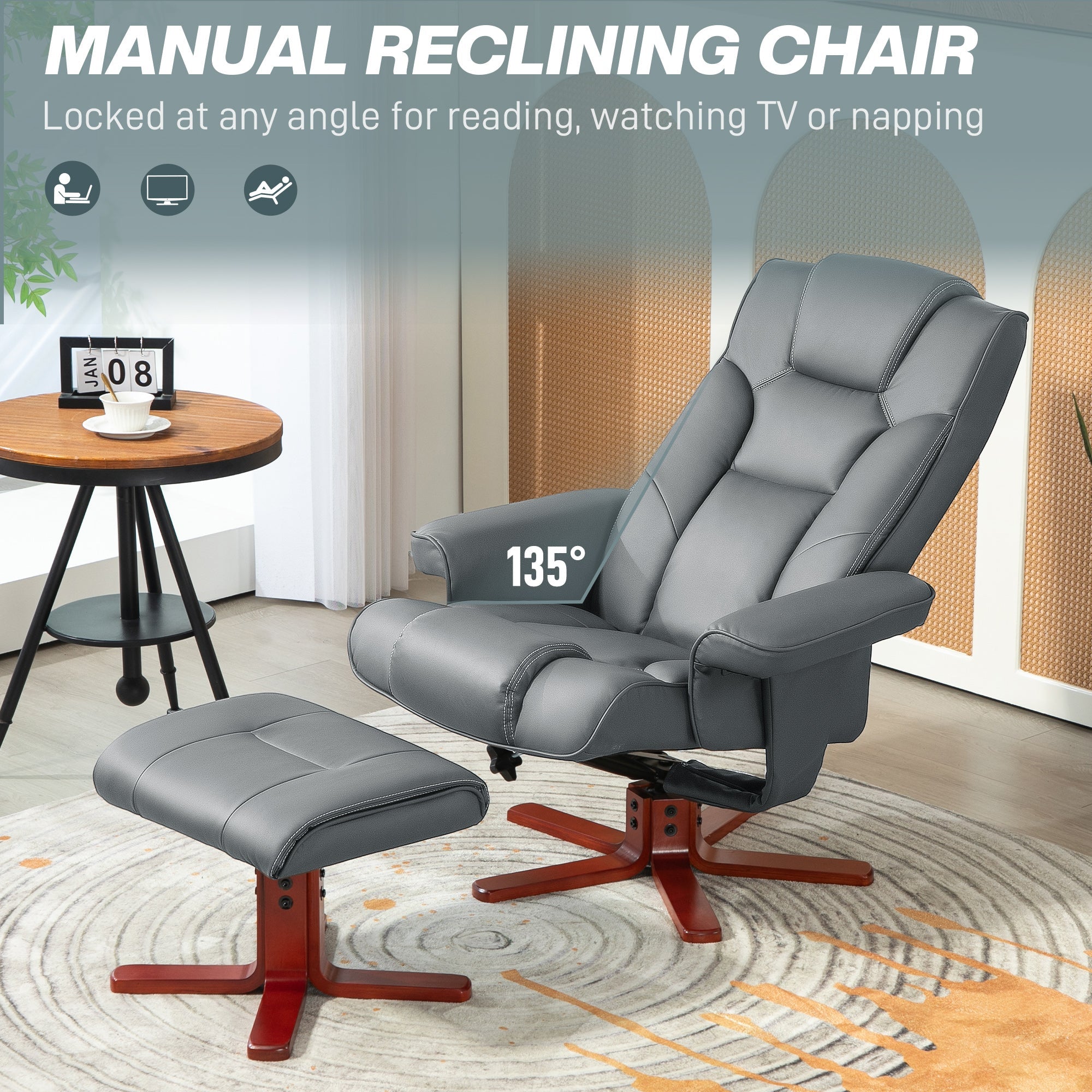 HOMCOM Faux Leather Manual Recliner and Footstool Set - Grey 