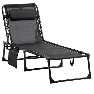 Outsunny Portable Sun Lounger, Folding Camping Bed Cot, Reclining Lounge Chair 5-position Adjustable Backrest with Side Pocket, Pillow for Patio Garden Beach Pool, Black 