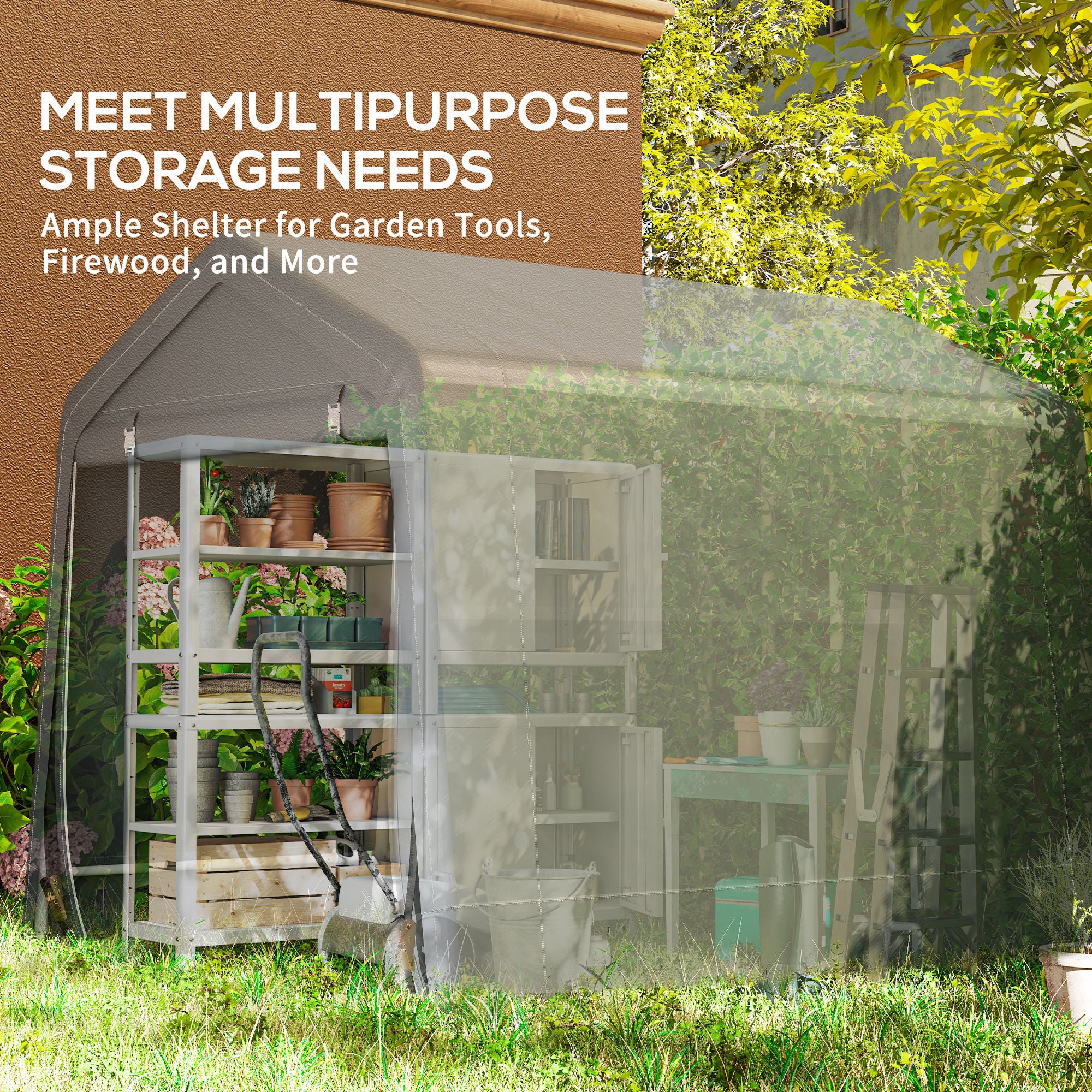 Outsunny 8 x 6.5 ft Outdoor Garden Storage Shed, Waterproof Bike Tent w/ Double Roll-up Zipper Door for Garden Tools, Dark Grey 
