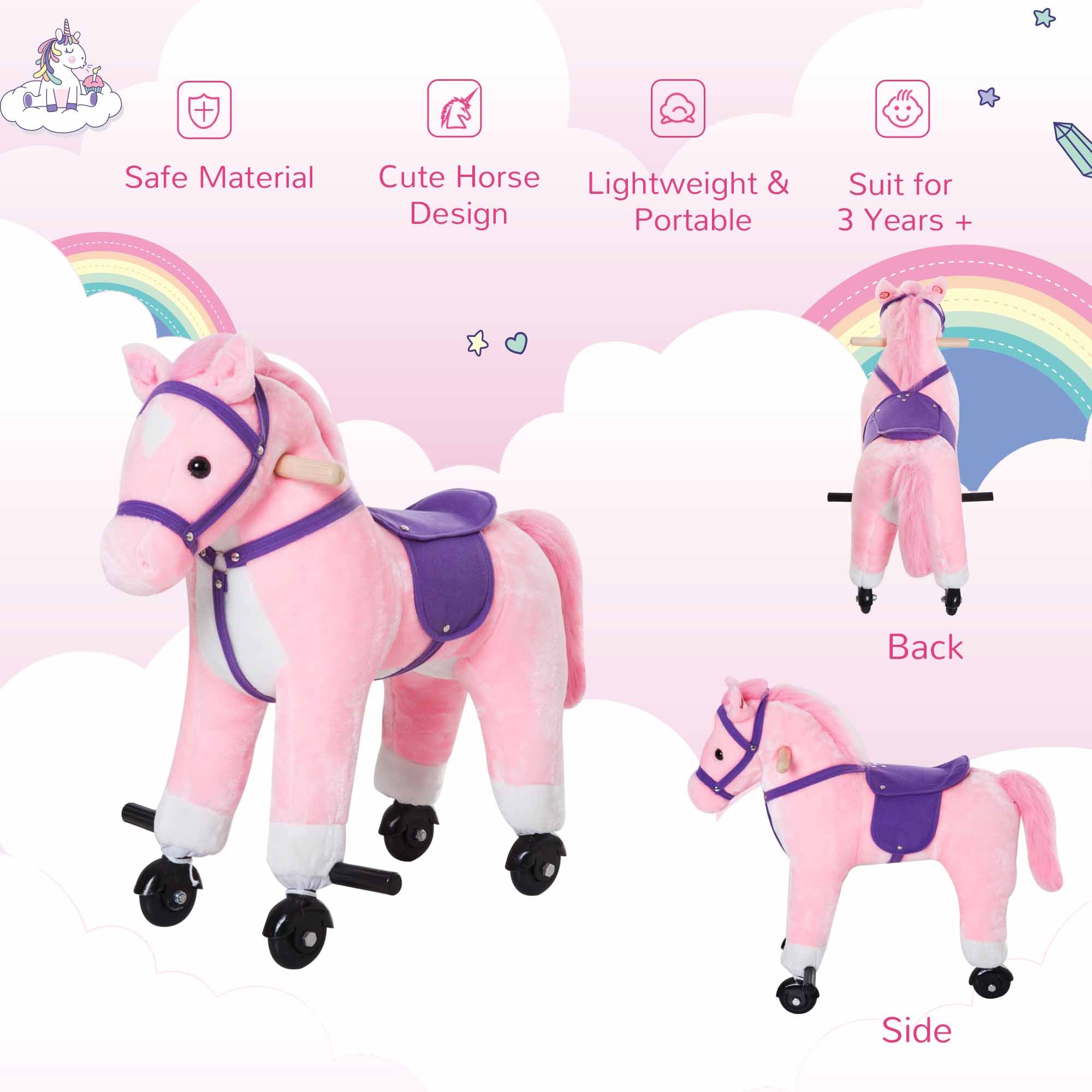 HOMCOM Rocking Horse Kids Ride on Walking Horse Animal Pony Wheeled Riding Plush Toy w/Sound for 3 Years and Up (Pink) 