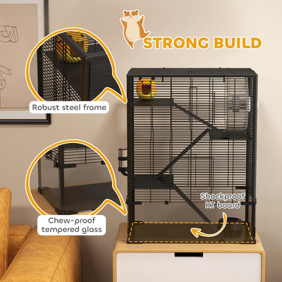 PawHut 4 Tiers Hamster Cage with Deep Tempered Glass Bottom, Hut, Running Wheel, Food Dish, Water Bottle, 60 x 40 x 80cm 