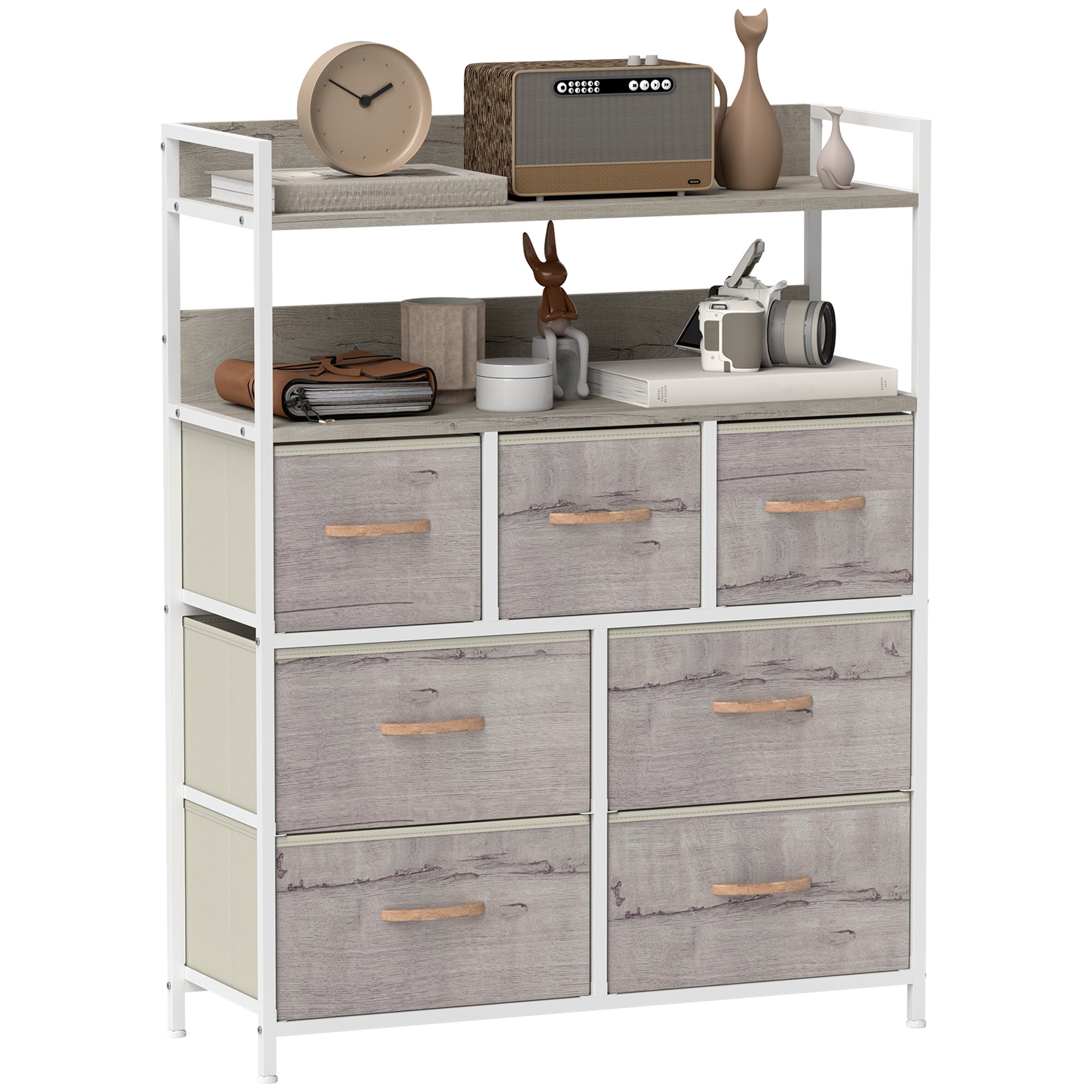 HOMCOM Rustic Chest of Seven Fabric Drawers - Natural Wood Finish 
