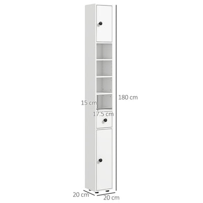 kleankin 180cm Tall Bathroom Cabinet, Slim Bathroom Storage Cabinet with 4 Open Shelves, 2 Door Cupboards and Adjustable Shelves, White 