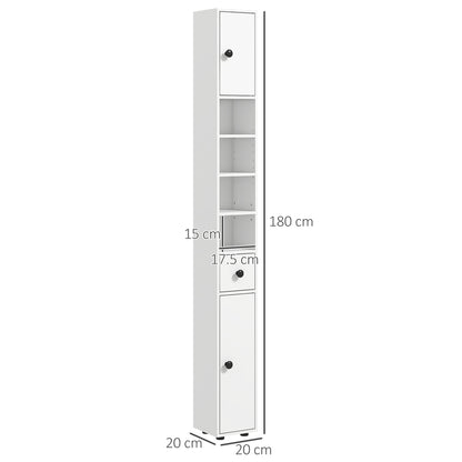 kleankin 180cm Tall Bathroom Cabinet, Slim Bathroom Storage Cabinet with 4 Open Shelves, 2 Door Cupboards and Adjustable Shelves, White 