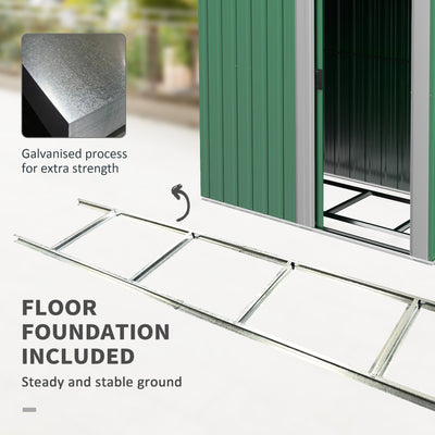 Outsunny Garden Metal Tool Storage Shed with Sliding Door, Sloped Roof and Floor Foundation, 152 x 132 x 188cm, Green 