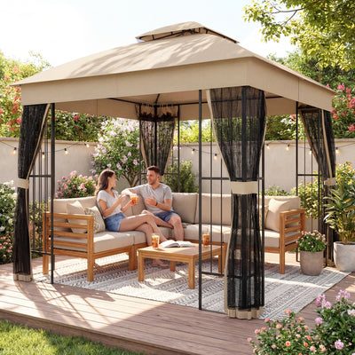 Outsunny 3 x 3 m Outdoor Garden Gazebo with Post Shelves, UPF50+ Double Roof Patio Permanent Pavilion, Brown 
