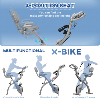 HOMCOM 2-in-1 Folding Exercise Bike with 8-Level Magnetic Resistance, Arm Resistance Band, Pulse Sensor, Grey 