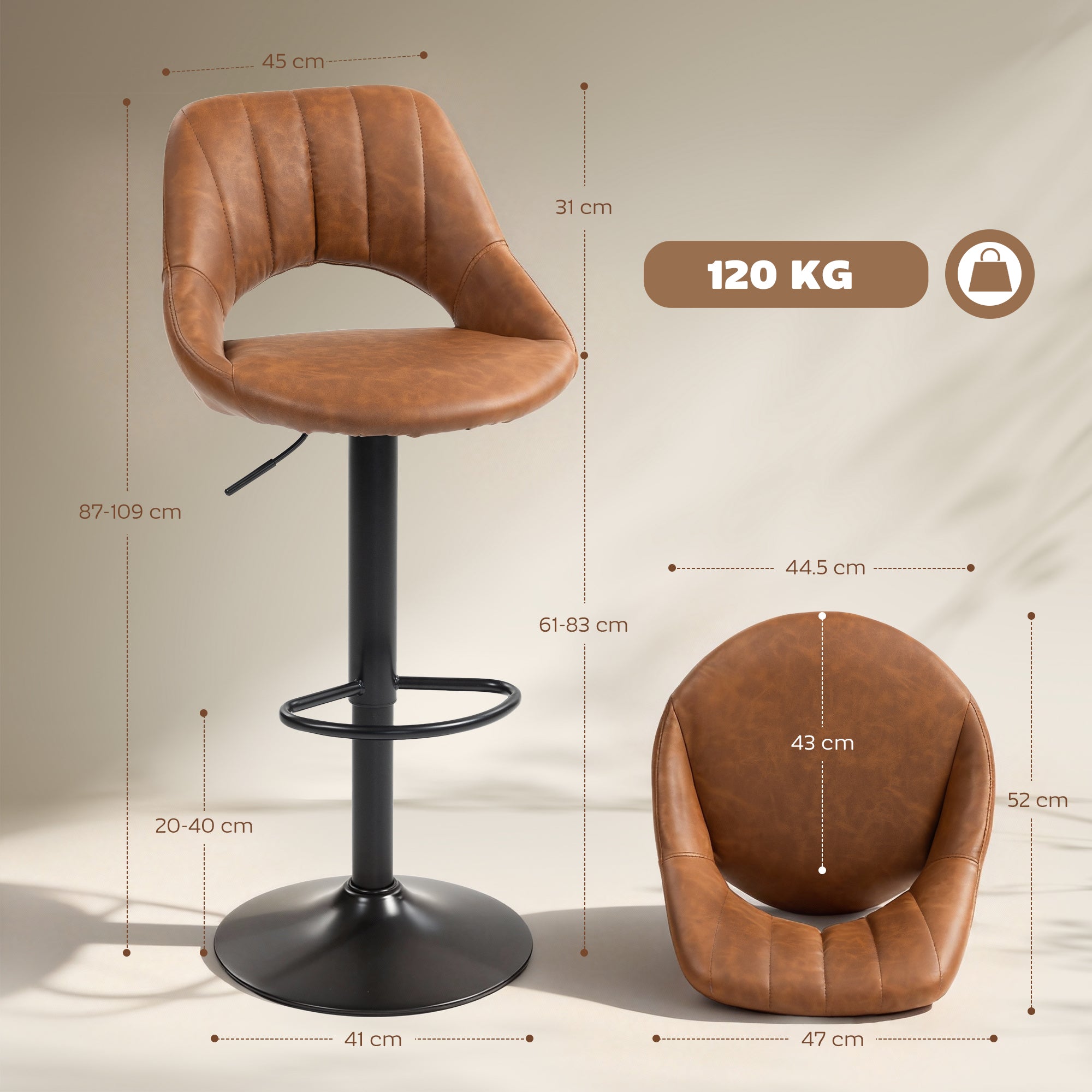 HOMCOM Bar Stools Set of 2, PU Leather Swivel Barstools with Backrest and Footrest for Kitchen, Counter, Breakfast Bar, Brown 