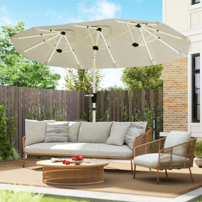 Outsunny 3 m Double-Sided Garden Parasol with LED Solar Lights, Outdoor Extra Large Sun Umbrella with Crank Handle, Cream White 