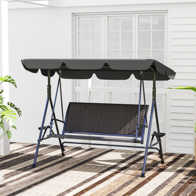Outsunny 3 Seater Swing Chair, Garden Swing Seat Bench with Adjustable Canopy, Rattan Seat and Steel Frame for Patio, Yard, Grey 