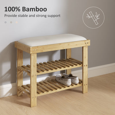 HOMCOM Bamboo Shoe Storage Bench, 3-Tier Shoe Bench with Seat Cushion, Shoe Rack for Entryway, Hallway, Living Room, Bedroom, Cream White 