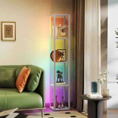 HOMCOM RGB LED Floor Lamp with Shelves, Modern Dimmable Standing Lamp with Remote Control, Adjustable Brightness & Speed for Living Room, Bedroom, Office, Grey 
